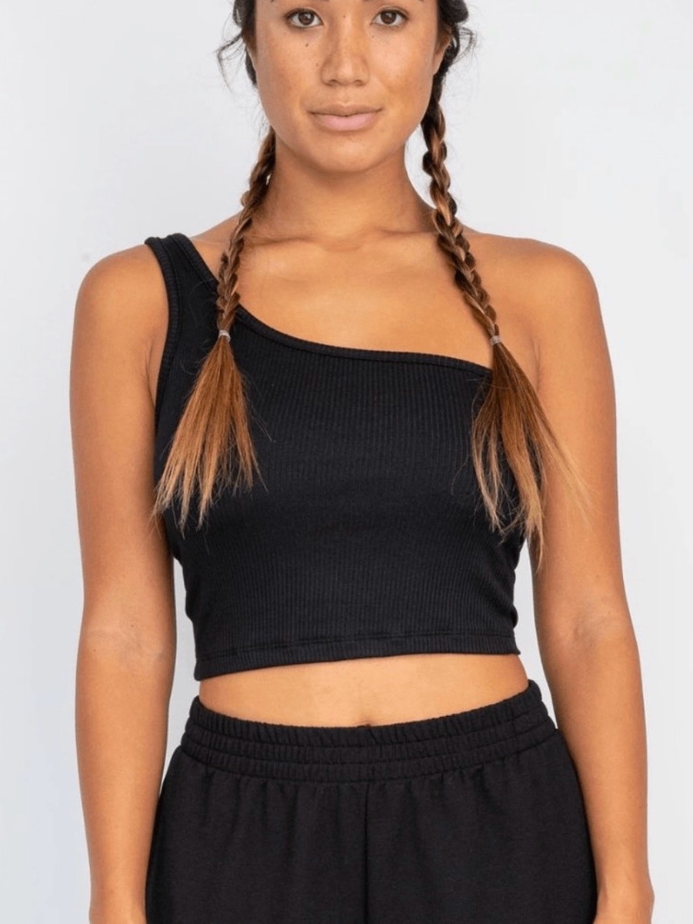 Skatie Black One-Shoulder Ribbed Crop Top